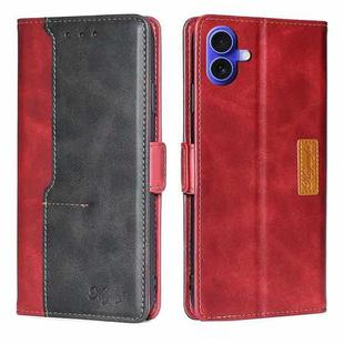 For iPhone 16 Plus Contrast Color Side Buckle Leather Phone Case(Red + Black)