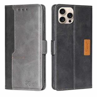 For iPhone 16 Pro Contrast Color Side Buckle Leather Phone Case(Black + Grey)