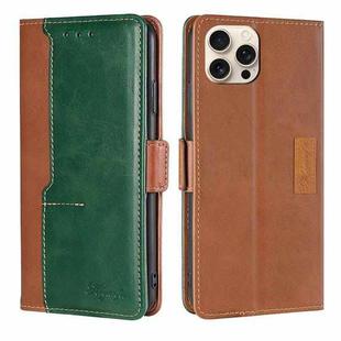 For iPhone 16 Pro Contrast Color Side Buckle Leather Phone Case(Light Brown + Green)