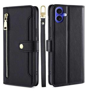 For iPhone 16 Sheep Texture Cross-body Zipper Wallet Leather Phone Case(Black)