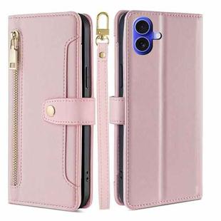 For iPhone 16 Plus Sheep Texture Cross-body Zipper Wallet Leather Phone Case(Pink)