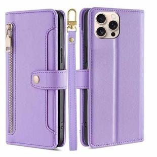 For iPhone 16 Pro Sheep Texture Cross-body Zipper Wallet Leather Phone Case(Purple)