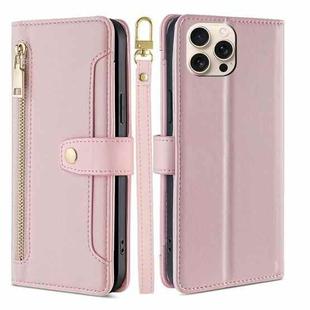 For iPhone 16 Pro Max Sheep Texture Cross-body Zipper Wallet Leather Phone Case(Pink)