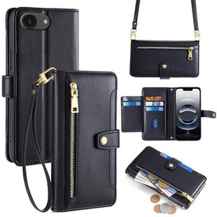 For iPhone 16e Sheep Texture Cross-body Zipper Wallet Leather Phone Case(Black)