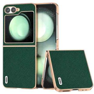 For Samsung Galaxy Z Flip6 ABEEL Electroplating Frame Cross Texture Genuine Leather Phone Case(Green)