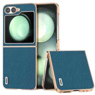 For Samsung Galaxy Z Flip6 ABEEL Electroplating Frame Genuine Leather Litchi Texture Phone Case(Blue)