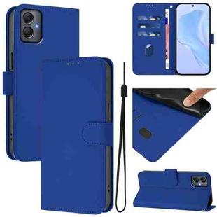 For Samsung Galaxy A05 4G Global  Skin Feel Solid Color Leather Phone Case with Lanyard(Dark Blue)