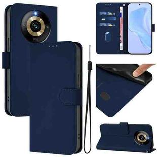 For Realme Narzo 60 Pro Global Skin Feel Solid Color Leather Phone Case with Lanyard(Navy Blue)