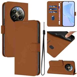 For Realme 12+ 5G Global Skin Feel Solid Color Leather Phone Case with Lanyard(Brown)