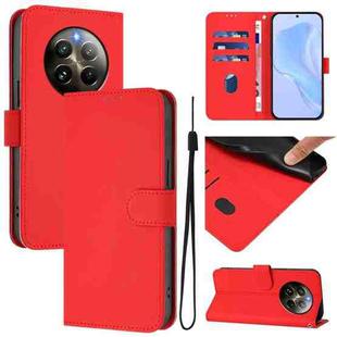 For Realme 12+ 5G Global Skin Feel Solid Color Leather Phone Case with Lanyard(Red)