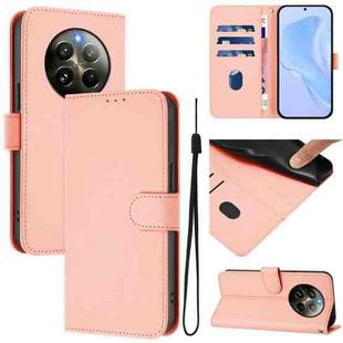 For Realme 12+ 5G Global Skin Feel Solid Color Leather Phone Case with Lanyard(Pink)