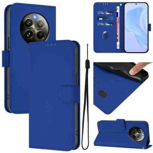 For Realme 12+ 5G Global Skin Feel Solid Color Leather Phone Case with Lanyard(Dark Blue)