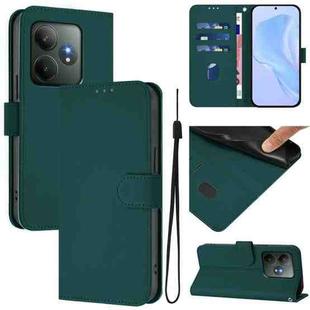 For Realme GT 6 5G Global Skin Feel Solid Color Leather Phone Case with Lanyard(Dark Green)