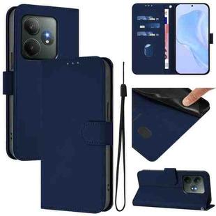 For Realme GT 6 5G Global Skin Feel Solid Color Leather Phone Case with Lanyard(Navy Blue)