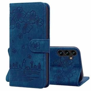 For Samsung Galaxy S24 FE 5G Cartoon Sakura Cat Embossed Leather Phone Case(Royal Blue)