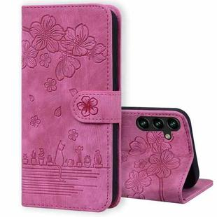 For Samsung Galaxy S24 FE 5G Cartoon Sakura Cat Embossed Leather Phone Case(Rose Red)