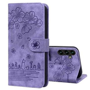 For Samsung Galaxy S24 FE 5G Cartoon Sakura Cat Embossed Leather Phone Case(Purple)