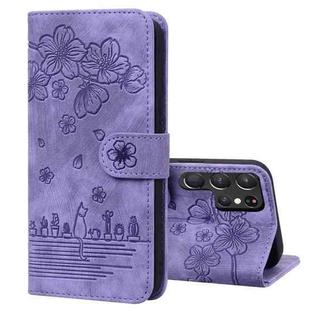 For Samsung Galaxy S24 Ultra 5G Cartoon Sakura Cat Embossed Leather Phone Case(Purple)