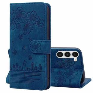 For Samsung Galaxy S23 5G Cartoon Sakura Cat Embossed Leather Phone Case(Royal Blue)