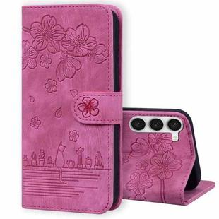 For Samsung Galaxy S23 5G Cartoon Sakura Cat Embossed Leather Phone Case(Rose Red)