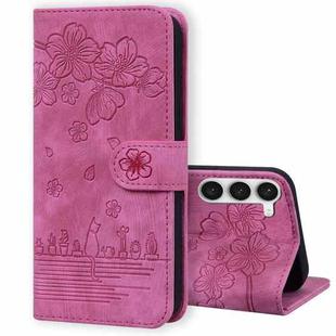 For Samsung Galaxy S23+ 5G Cartoon Sakura Cat Embossed Leather Phone Case(Rose Red)