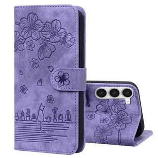 For Samsung Galaxy S23+ 5G Cartoon Sakura Cat Embossed Leather Phone Case(Purple)