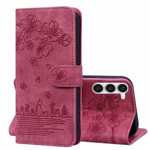 For Samsung Galaxy S23+ 5G Cartoon Sakura Cat Embossed Leather Phone Case(Wine Red)