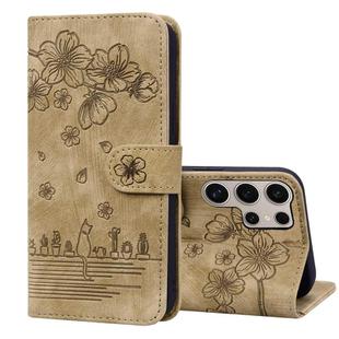 For Samsung Galaxy S25 Ultra 5G Cartoon Sakura Cat Embossed Leather Phone Case(Brown)