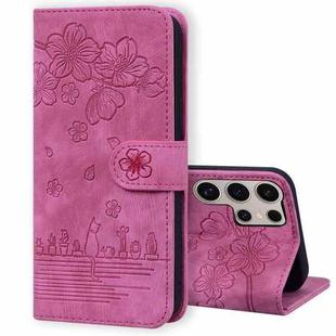 For Samsung Galaxy S25 Ultra 5G Cartoon Sakura Cat Embossed Leather Phone Case(Rose Red)