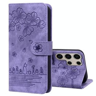 For Samsung Galaxy S25 Ultra 5G Cartoon Sakura Cat Embossed Leather Phone Case(Purple)