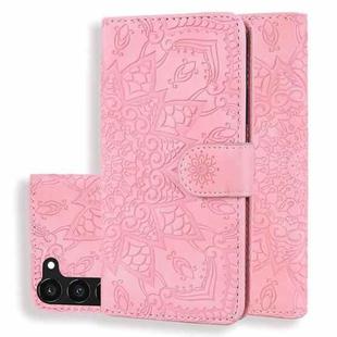 For Samsung Galaxy S23 5G Mandala Embossed Dual-Fold Calf Leather Phone Case(Pink)