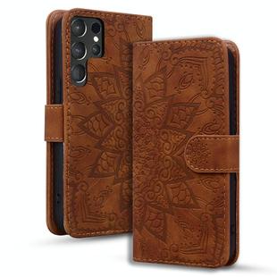 For Samsung Galaxy S25 Ultra 5G Mandala Embossed Dual-Fold Calf Leather Phone Case(Brown)