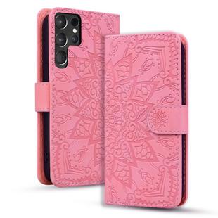 For Samsung Galaxy S25 Ultra 5G Mandala Embossed Dual-Fold Calf Leather Phone Case(Pink)