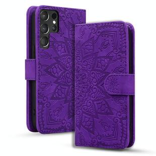For Samsung Galaxy S25 Ultra 5G Mandala Embossed Dual-Fold Calf Leather Phone Case(Purple)