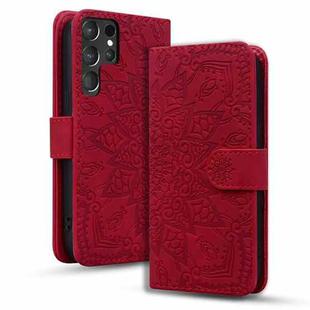 For Samsung Galaxy S25 Ultra 5G Mandala Embossed Dual-Fold Calf Leather Phone Case(Red)