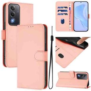 For OPPO A3 Pro Global Skin Feel Solid Color Leather Phone Case with Lanyard(Pink)