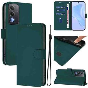 For OPPO A3 Pro Global Skin Feel Solid Color Leather Phone Case with Lanyard(Dark Green)