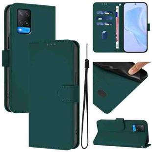 For OPPO A54 4G / A54s / A55 5G Skin Feel Solid Color Leather Phone Case with Lanyard(Dark Green)