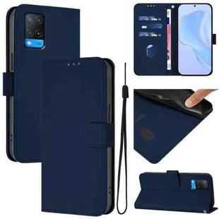 For OPPO A54 4G / A54s / A55 5G Skin Feel Solid Color Leather Phone Case with Lanyard(Navy Blue)