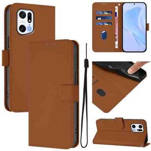 For OPPO Find X5 Pro Skin Feel Solid Color Leather Phone Case with Lanyard(Brown)
