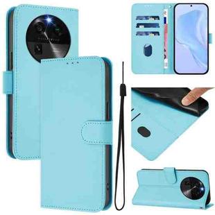 For OPPO Find X6 Skin Feel Solid Color Leather Phone Case with Lanyard(Sky Blue)