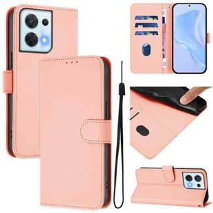 For OPPO Reno8 5G Skin Feel Solid Color Leather Phone Case with Lanyard(Pink)