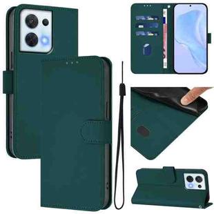 For OPPO Reno8 5G Skin Feel Solid Color Leather Phone Case with Lanyard(Dark Green)