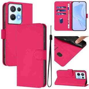 For OPPO Reno8 Pro 5G Skin Feel Solid Color Leather Phone Case with Lanyard(Rose Red)