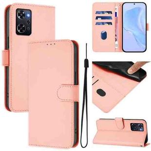 For OPPO Reno9 A Skin Feel Solid Color Leather Phone Case with Lanyard(Pink)