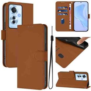 For OPPO Reno11 F 5G Global Skin Feel Solid Color Leather Phone Case with Lanyard(Brown)