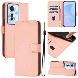 For OPPO Reno11 F 5G Global Skin Feel Solid Color Leather Phone Case with Lanyard(Pink)