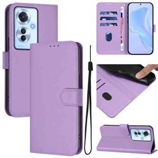 For OPPO Reno11 F 5G Global Skin Feel Solid Color Leather Phone Case with Lanyard(Lavender Purple)