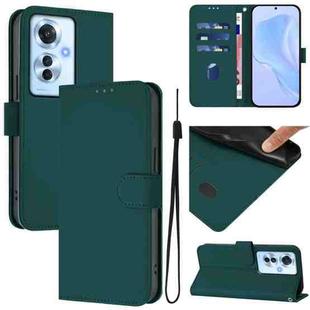 For OPPO Reno11 F 5G Global Skin Feel Solid Color Leather Phone Case with Lanyard(Dark Green)