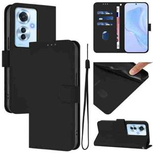 For OPPO Reno11 F 5G Global Skin Feel Solid Color Leather Phone Case with Lanyard(Black)